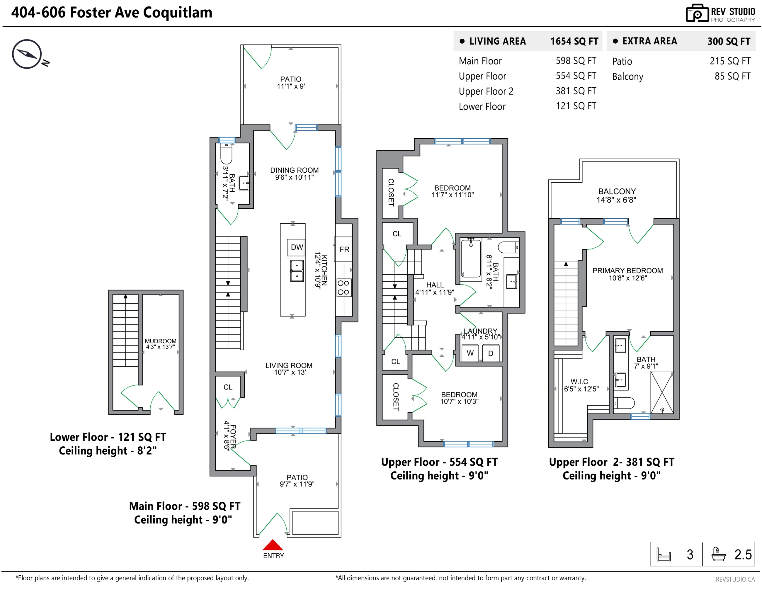 Floor plan of 404-606 Foster Avenue: the lower level with a mudroom and the stair; the main floor with a patio at the front, the foyer, a closet, the living room, the stair, the kitchen with its island, the dining room, a powder room and a patio at the back; the upper floor with two bedrooms and their closets, a bathroom, the laundry and the hall; the top floor with the primary bedroom, a walk-in closet, a bathroom and a balcony